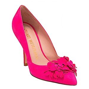 New Stewart weitzman pink suede heels with three dimensional flowers size 7